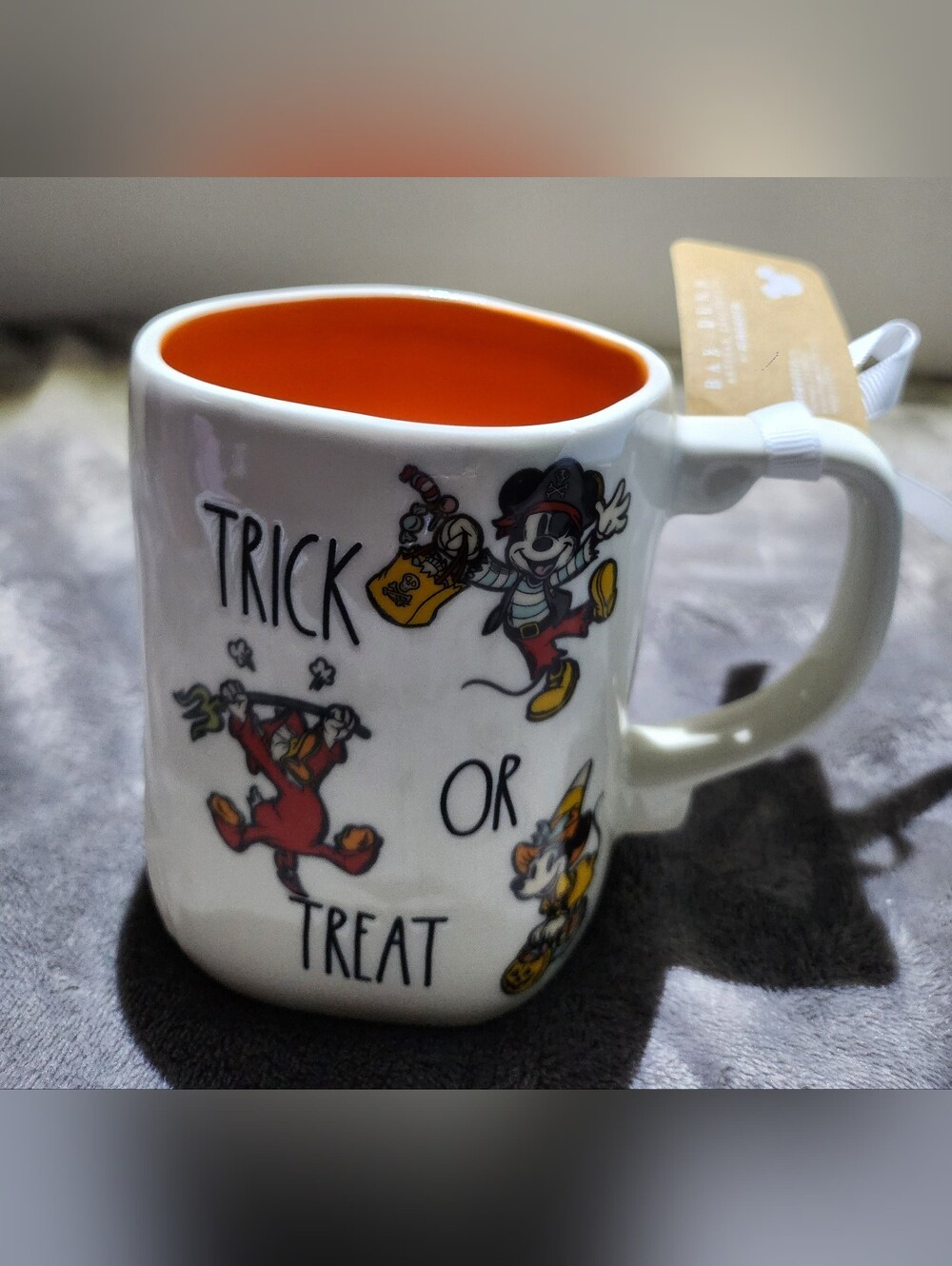 Rae Dunn Halloween Trick or Treat Mug - White Exterior, Orange Interior